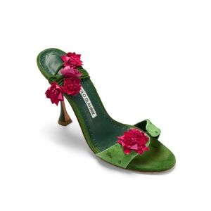 Manolo Blahnik Green Cactus Floral Embellished Wrap Heels